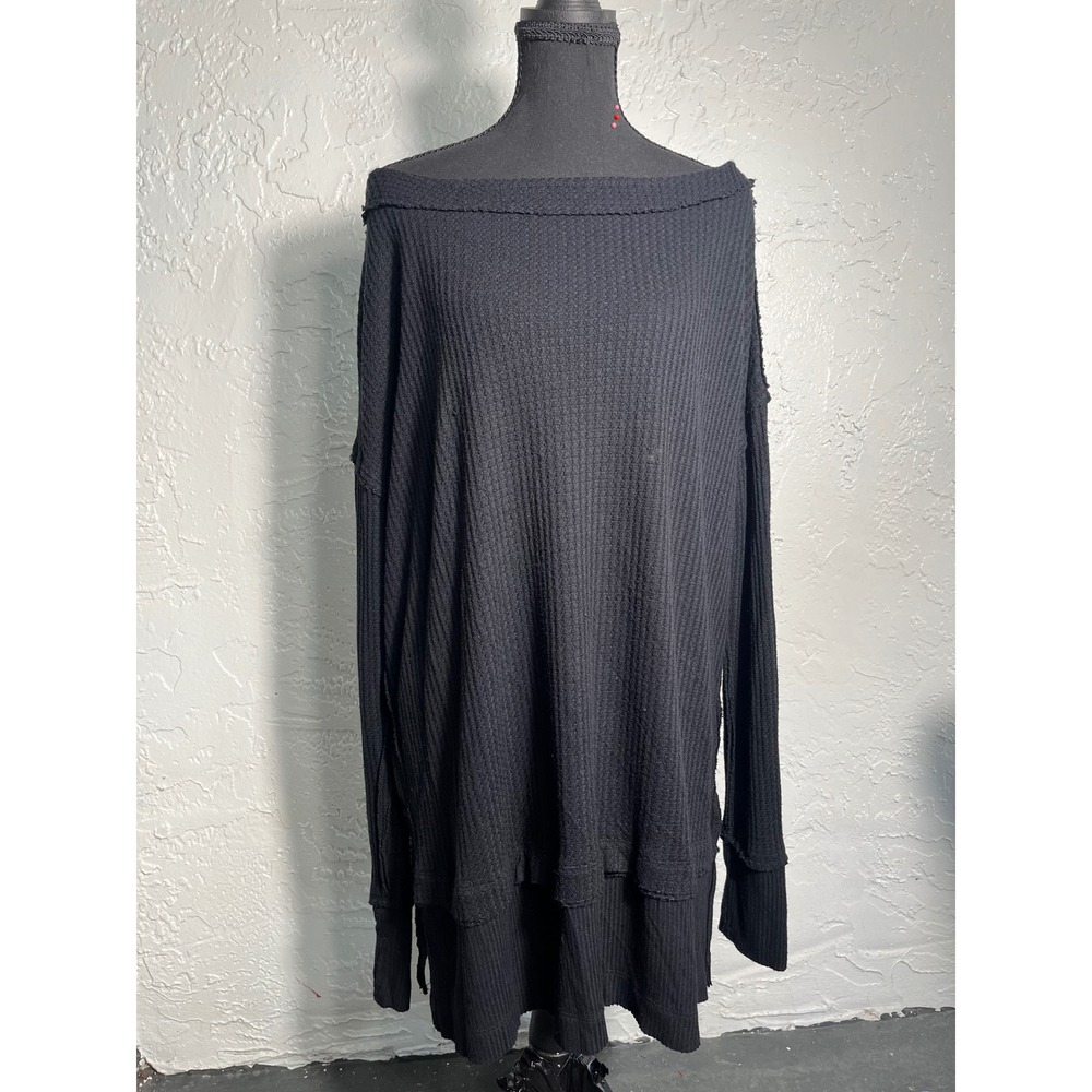Free People We The Free Black Waffle Knit Thermal Oversized Top Medium